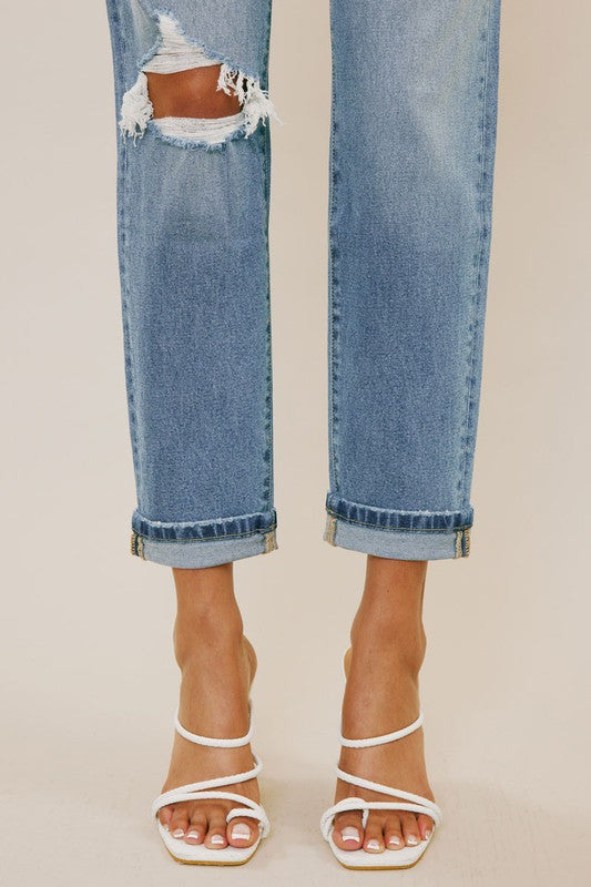 High Rise Cuffed Mom Jeans | Medium Wash