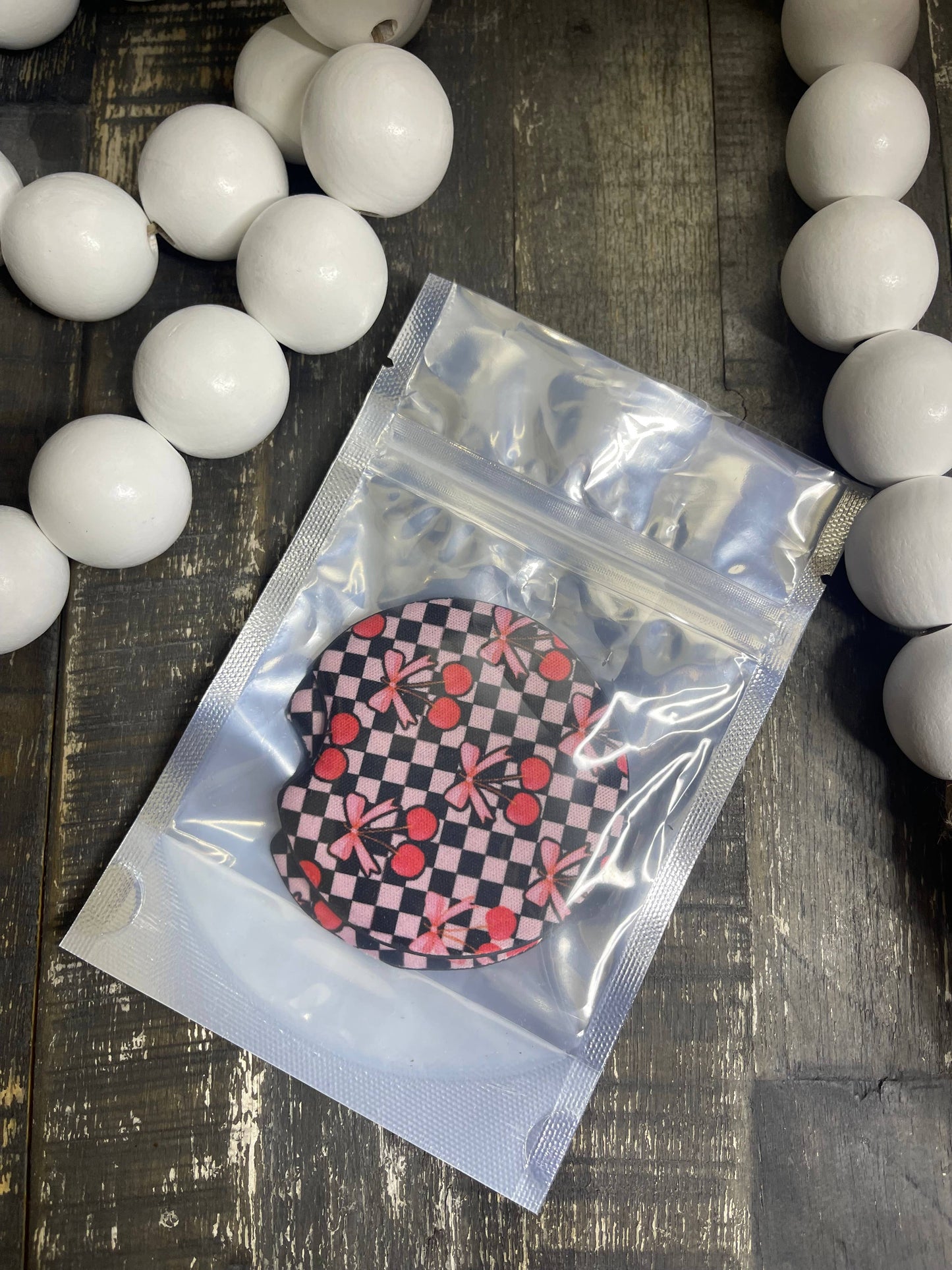 Checkered & Cherries Car Coasters