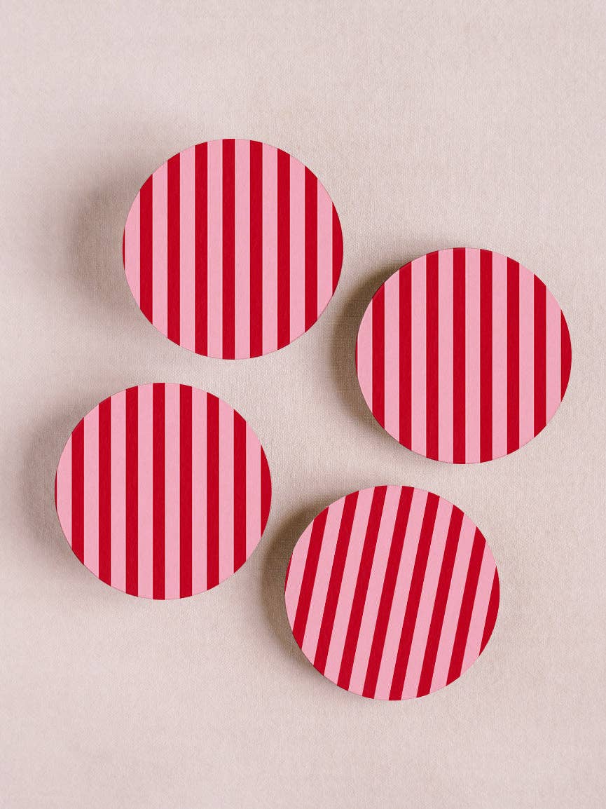 Pink and Maroon Striped Coaster - Set of 4