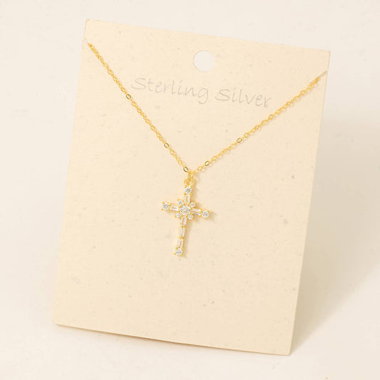 Sterling Silver Studded Cross Pendant Necklace